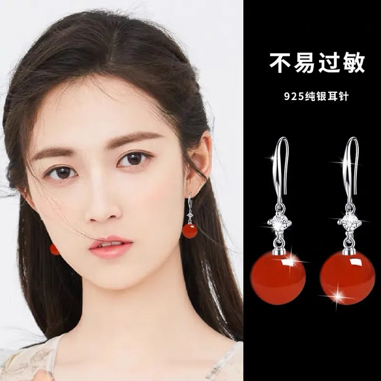 S925纯银天然玛瑙专柜同款时尚气质百搭强光耳环女2025大气耳饰品
