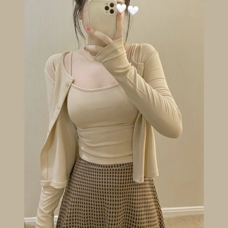 春秋新款修身性感纯欲显瘦吊带开衫长袖外套两件套上衣短款套装女