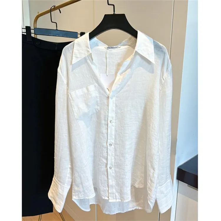 白色棉麻防晒衬衫女夏季薄款宽松设计感小众法式长袖衬衣别致上衣