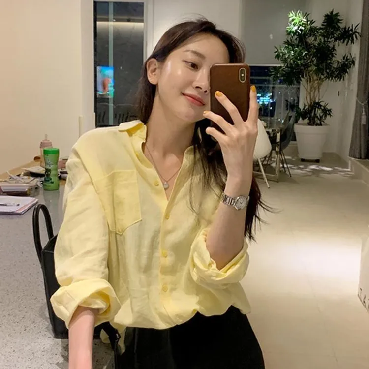 夏季新款衬衫女微透薄款显瘦洋气柠檬黄长袖女防晒衬衣上衣鹅黄色