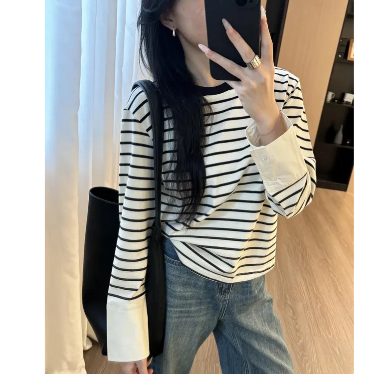 2025春秋新款慵懒条纹宽松休闲长袖套头t恤上衣显瘦衬衣袖口拼接