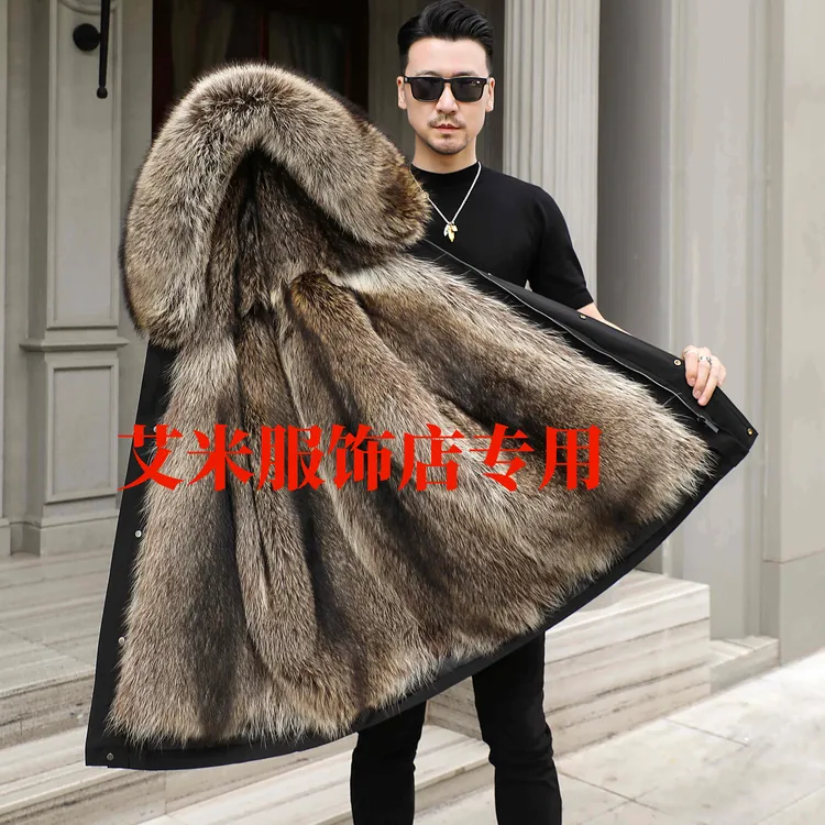 其他/其他男士中长款帽款美内胆可拆卸真毛一体大衣黑色可外套