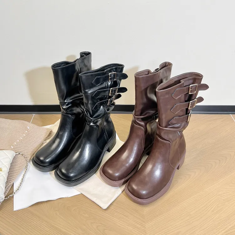 中筒靴子女秋冬西部风小众褶皱堆堆靴英伦风时尚百搭皮带扣短靴子