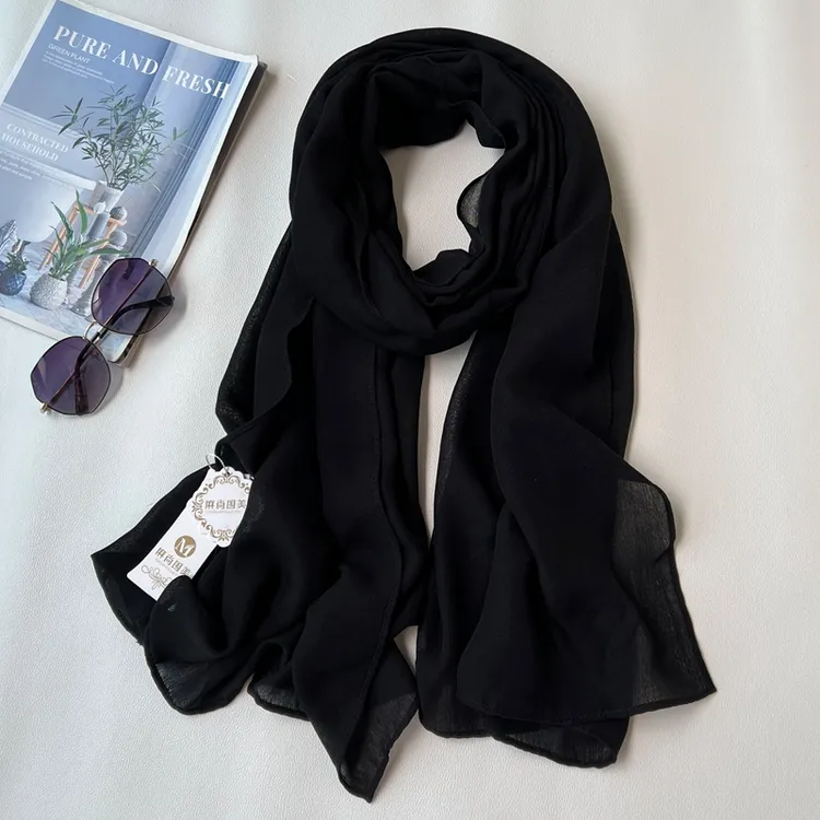 2025春秋季围巾女薄款棉麻韩版百搭纯色长款保暖围脖亚麻丝巾黑色