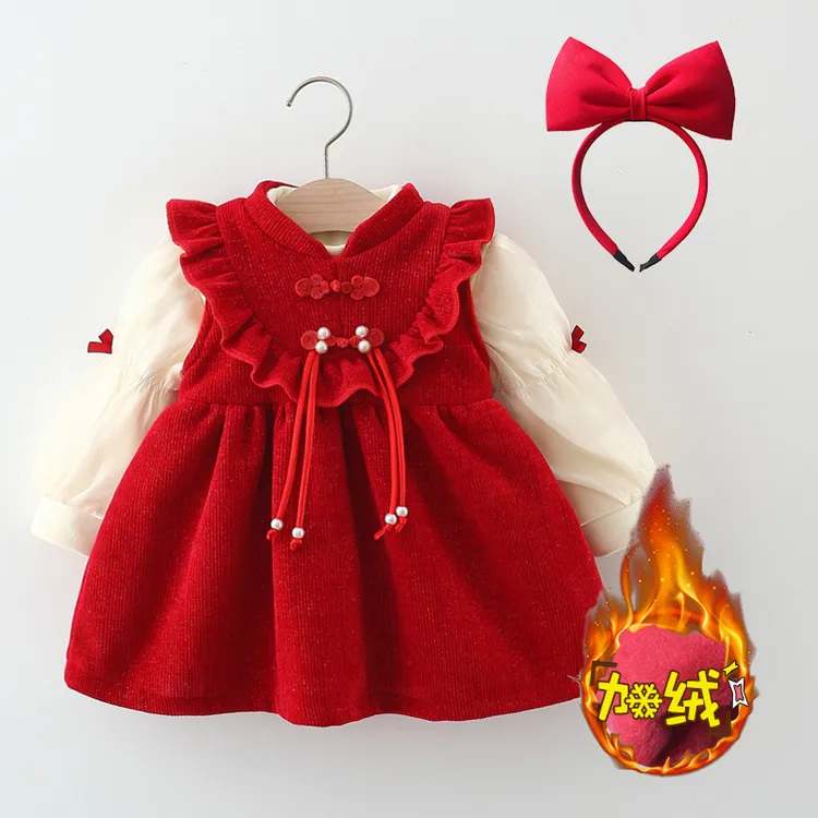 女童连衣裙套装秋冬款中国风公主裙子婴儿宝宝周岁生日红礼服加绒