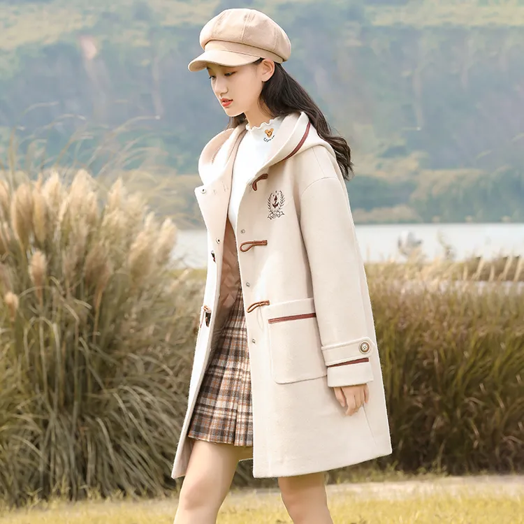 牛角扣毛呢外套秋冬高中初中学生冬装少女大童连帽呢子大衣学院风