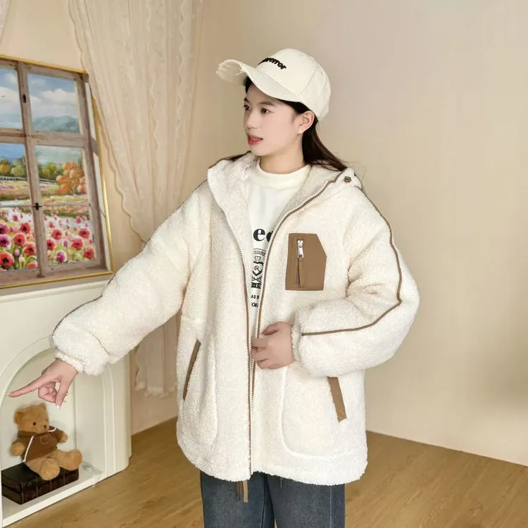 初中生毛毛外套女学生装冬装大童大衣保暖棉服加厚夹克青少女学生