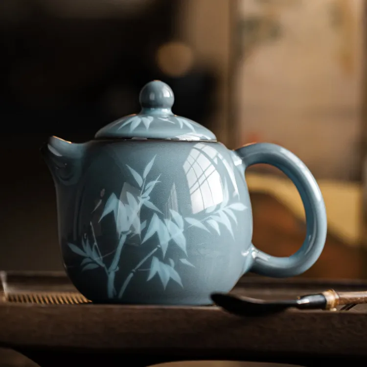 影蓝古瓷釉下手绘陶瓷龙旦壶复古家用泡茶喝茶沏茶壶简约蓝冰手绘