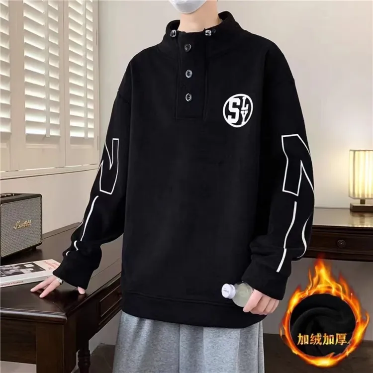 青少年冬季款加绒加厚奥利绒卫衣男秋高领打底衫学生潮流帅气男装