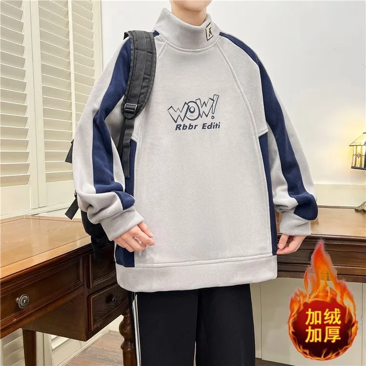 青少年加绒2025年秋冬新款奥粒绒卫衣男港风潮牌半高领打底衫上衣