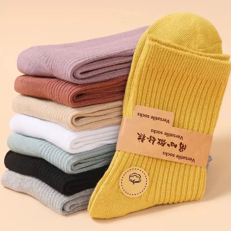 袜子女中筒袜春秋款吸汗防臭松口袜子纯色秋冬男女同款双针精梳棉