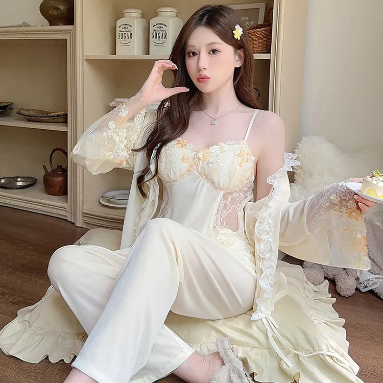 纤线依【花间绣梦】睡衣性感秋冬季金丝绒纯欲蕾丝吊带胸垫家居服