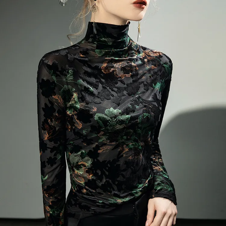 复古印花高领打底衫女秋冬新款修身显瘦内搭性感洋气长袖上衣小衫