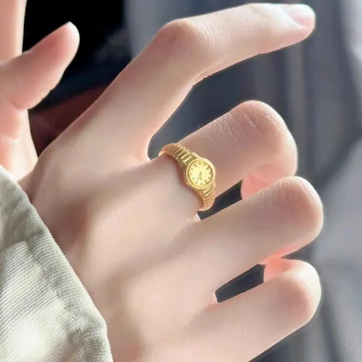 古零 铜合金戒指 金色时钟手表戒指小众气质简约高颜值开口指环