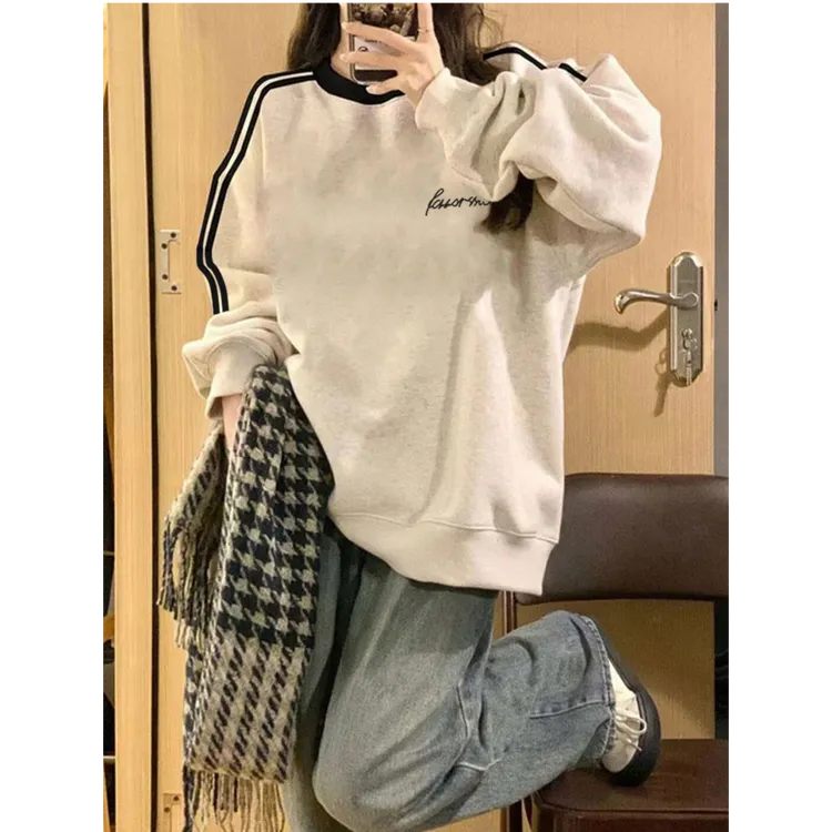 美式hiphop潮牌三条杠圆领卫衣秋冬oversize宽松简约字母印花上衣