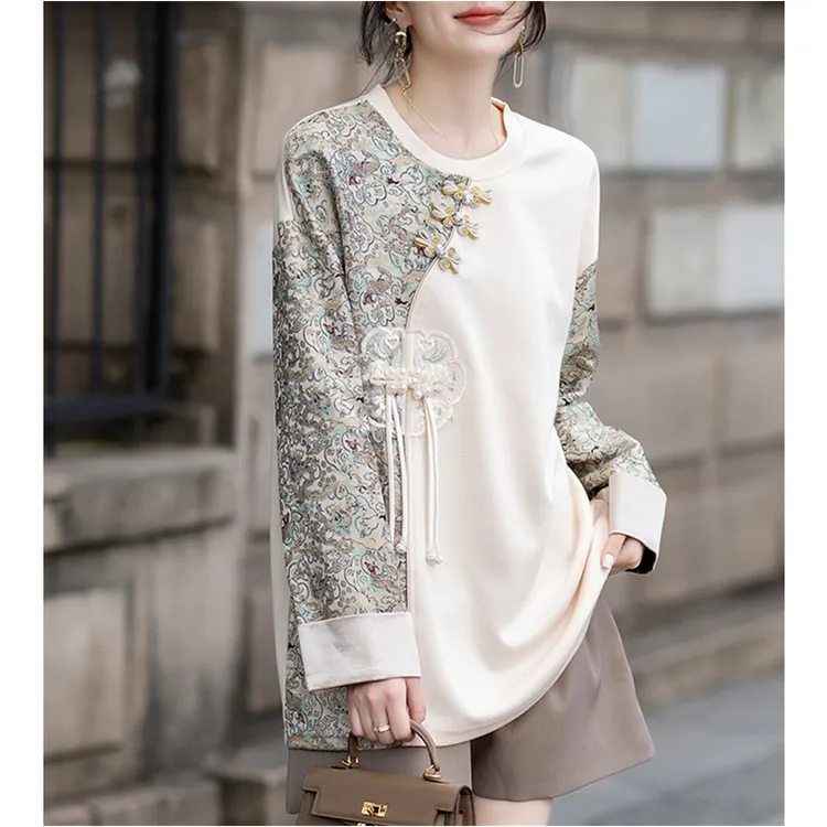 新中式时尚提花拼接长袖卫衣女装2024秋季新款国风中长款设计上衣