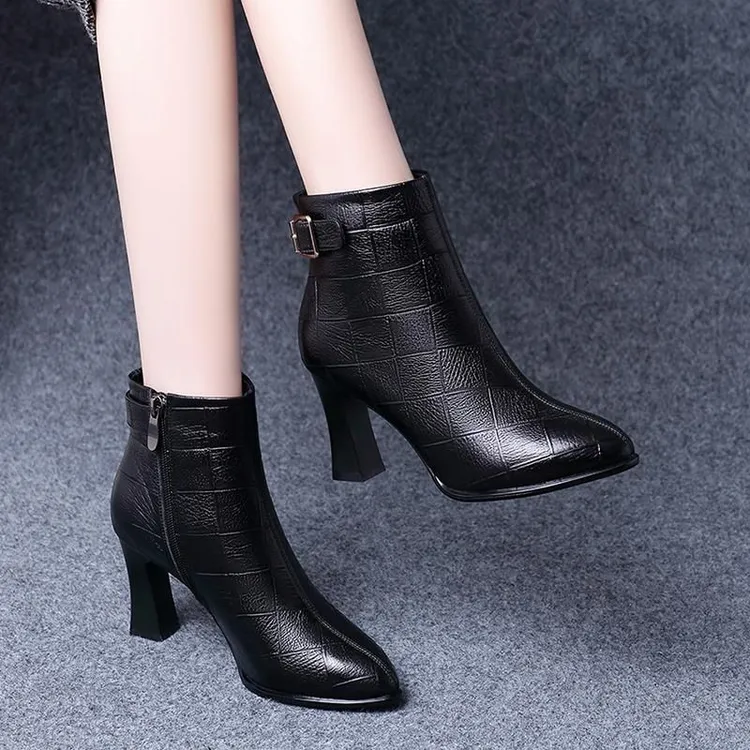 5厘米跟高侧拉链英伦风美拉德粗跟短靴女秋冬加绒软皮高跟马丁靴