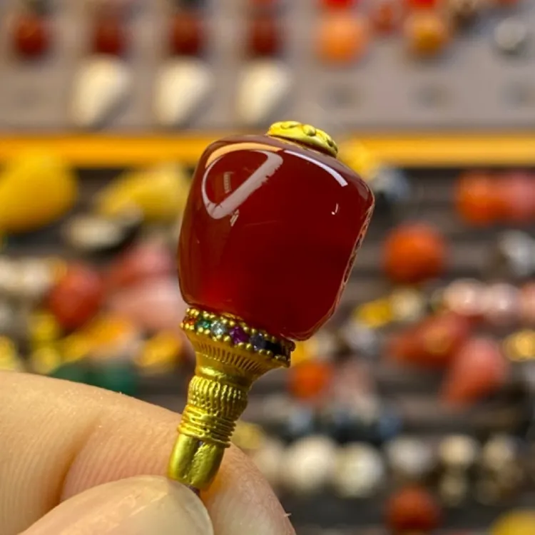 10+mm深玫红川料精工手工镶嵌素款雕刻文玩配饰三通