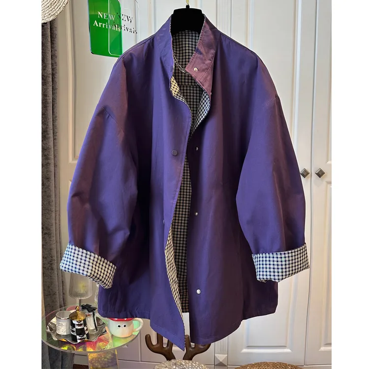 高级感两面穿时尚格子长袖风衣外套女装春秋新款大码立领上衣百搭