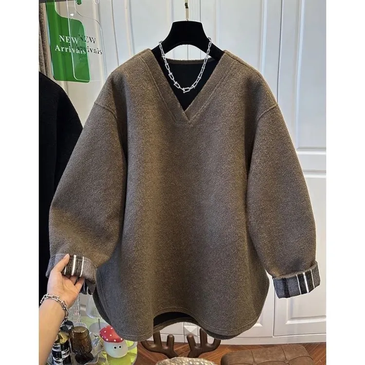 高级感加绒加厚保暖纯色毛呢卫衣女秋冬胖妹妹流行独特漂亮小衫