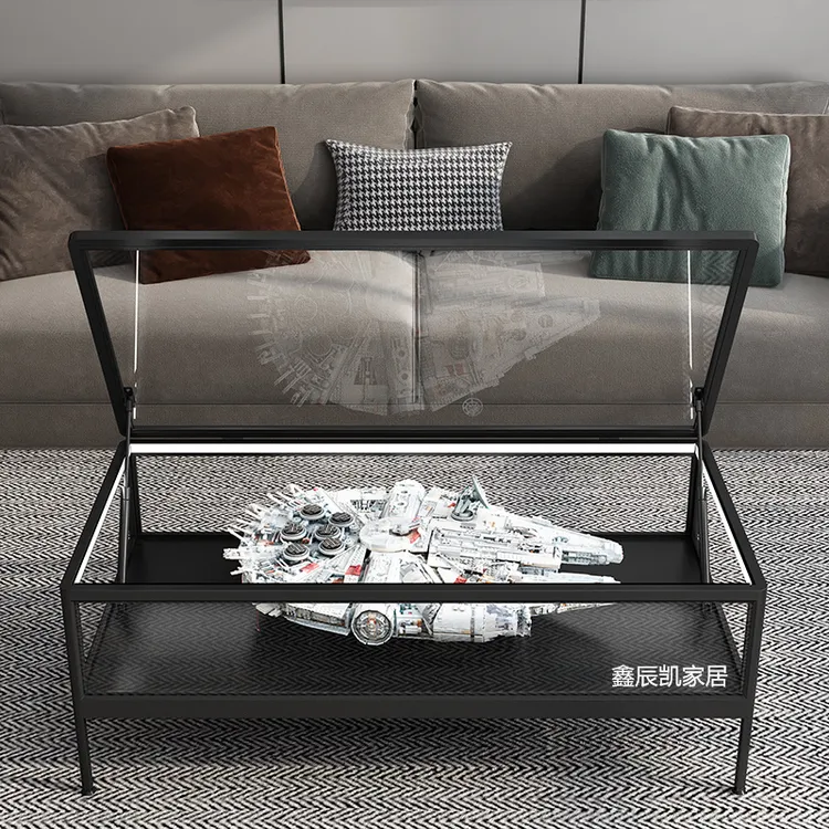 现代简约收纳钢化玻璃茶几千年隼展示柜圆角手办模型液压展示方形