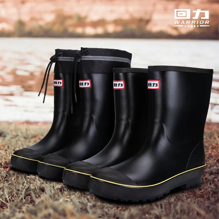Warrior/回力雨鞋中筒反光束口加绒加厚钓鱼专用防水防滑耐磨水鞋