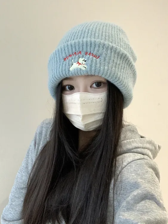 韩版ins可爱小狗刺绣针织毛线帽女加厚保暖秋冬新款显脸小包头帽