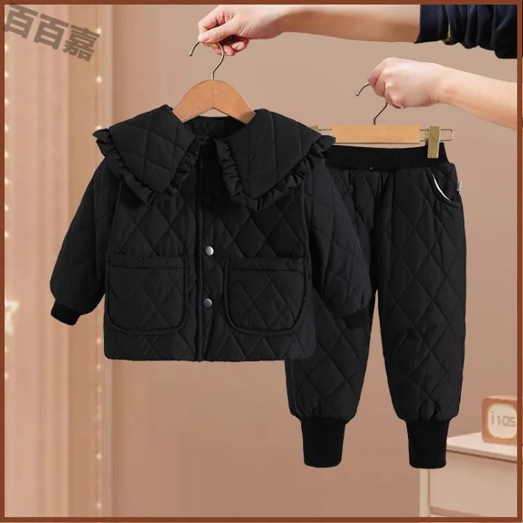 女童夹棉冬季套装2024新款儿童棉衣加棉两件套洋气娃娃领宝宝棉服