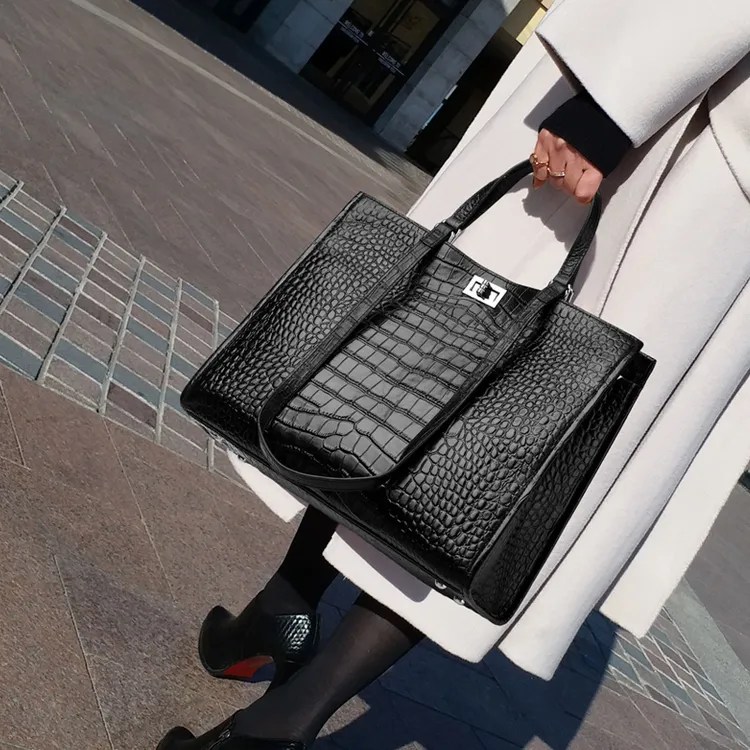 CCAMO牛皮包包女大容量托特包高级鳄鱼纹手提大包真皮女包单肩包