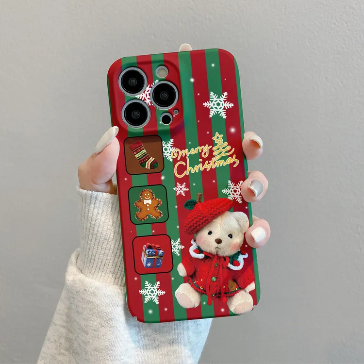 适用【苹果华为/oppo/vivo】趣味菲林壳全包硬壳红色圣诞熊手机壳套