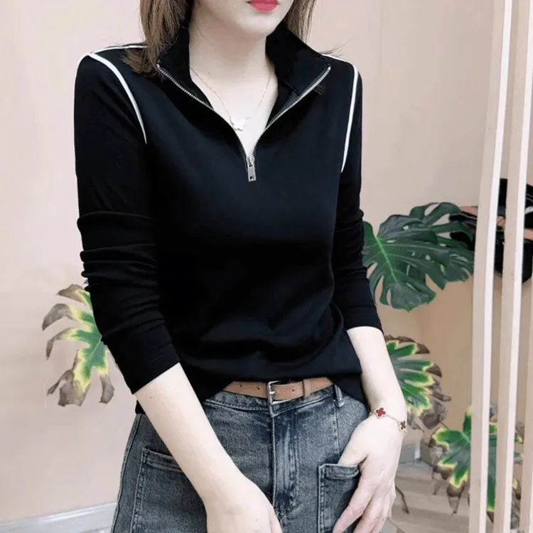 【运费补贴】打底衫女秋新款半拉链长袖休闲百搭显瘦遮肚子翻领t恤