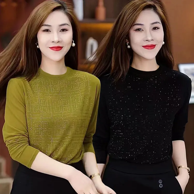 烫钻上衣女秋季新款圆领时尚洋气减龄妈妈装气质长袖百搭打底衫T