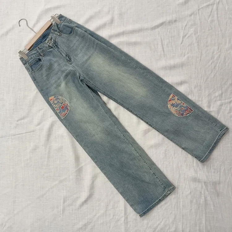 刺绣圆形牛仔国风长裤-岚曦10708