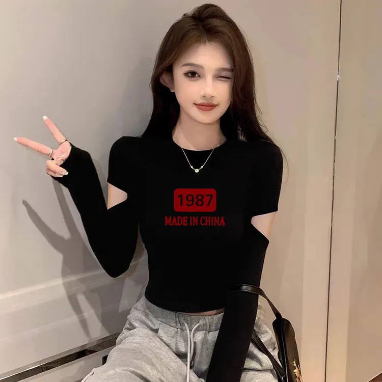 秋冬割破袖洋气修身辣妹设计感圆领短款打底衫女高腰长袖t恤上衣