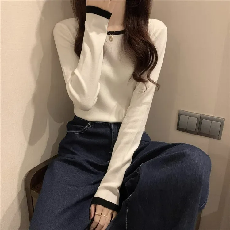 显瘦撞色打底衫韩版秋冬内搭修身圆领设计感长袖t恤女ins洋气上衣