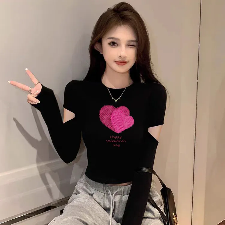 辣妹设计感秋季割破袖黑色圆领短款打底衫女高腰修身长袖t恤上衣