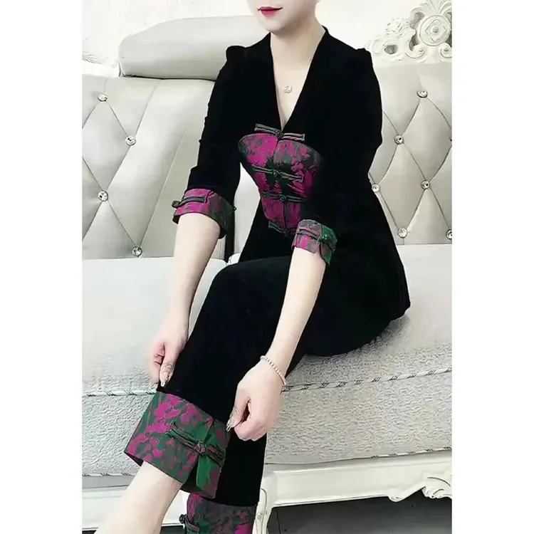 春季新款国风丝绒大码显瘦中式盘扣七分袖上衣裤子两件套装女