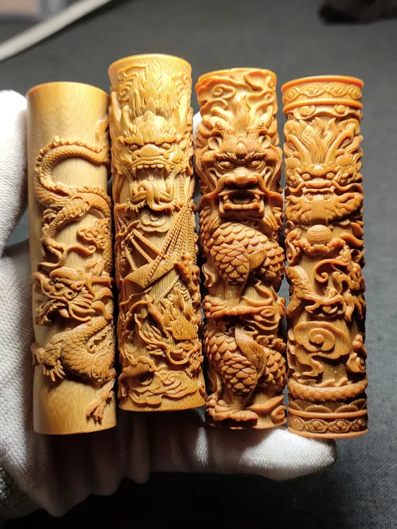实心玉竹竹雕浮雕龙手把件复古文玩高密度老料红皮配饰