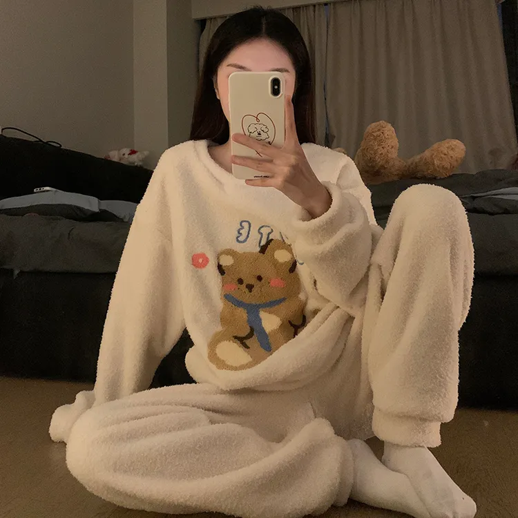 半边绒睡衣女秋冬季珊瑚绒加厚加绒甜美可爱冬天法兰绒家居服套装