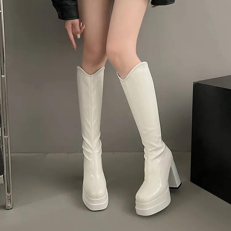 11cm超高跟不过膝长靴女2024新款粗跟防水台百搭时装靴V口骑士靴
