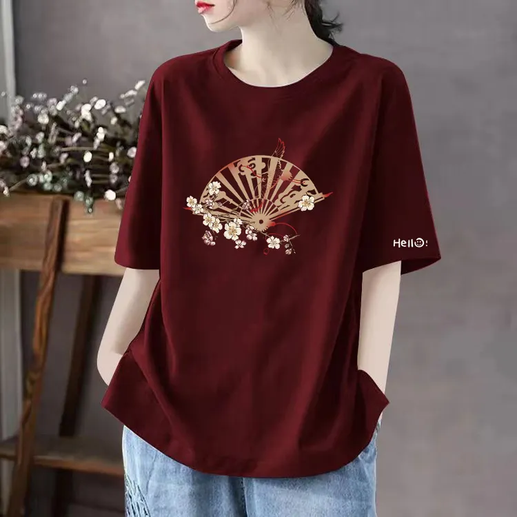 100%纯棉短袖T恤2024夏季印花大码宽松显瘦上衣酒红色时尚休闲款