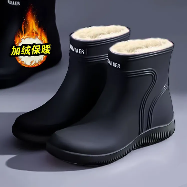 秋冬季中筒男士水鞋时尚雨靴加绒保暖潮流防滑男款工作洗车防水鞋