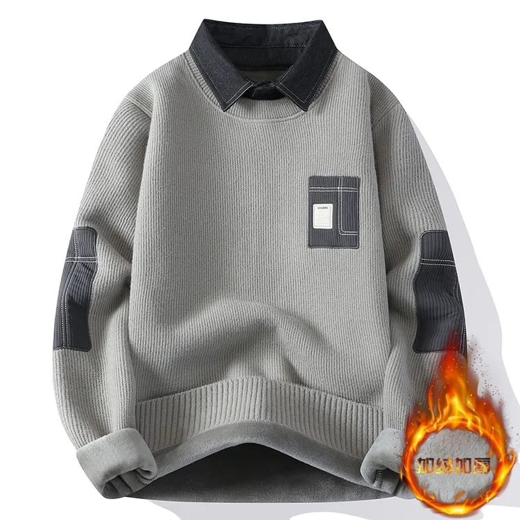 一体绒毛衣男秋冬季潮牌青年拼色假两件衬衫领加绒加厚保暖针织衫