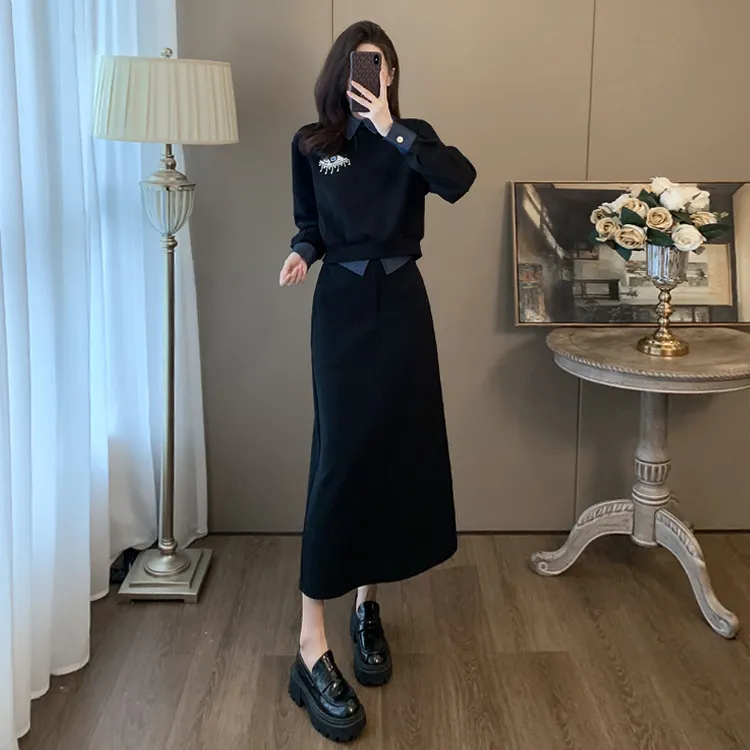 高级感时尚休闲套装女春新款欧货设计感拼接卫衣半身裙运动两件套