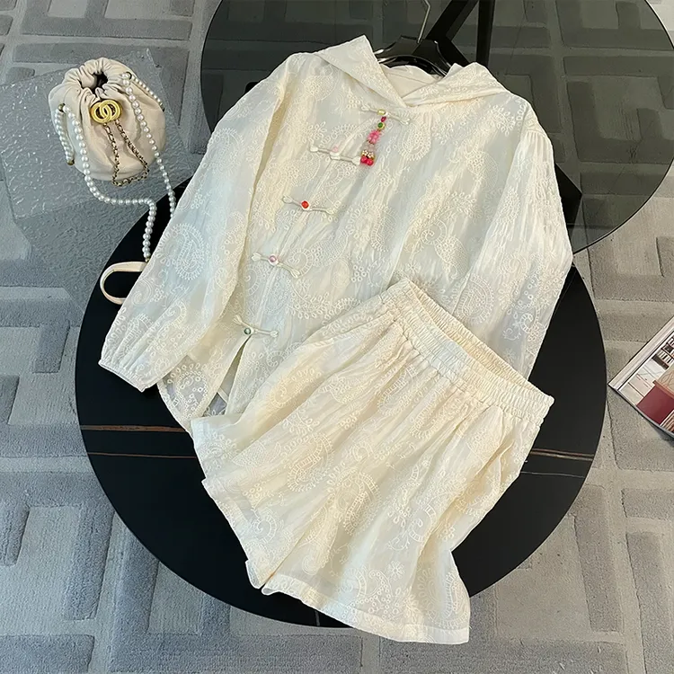 薏丝妮女夏季新中式刺绣套装提花连帽长袖防晒上衣阔腿短裤两件套