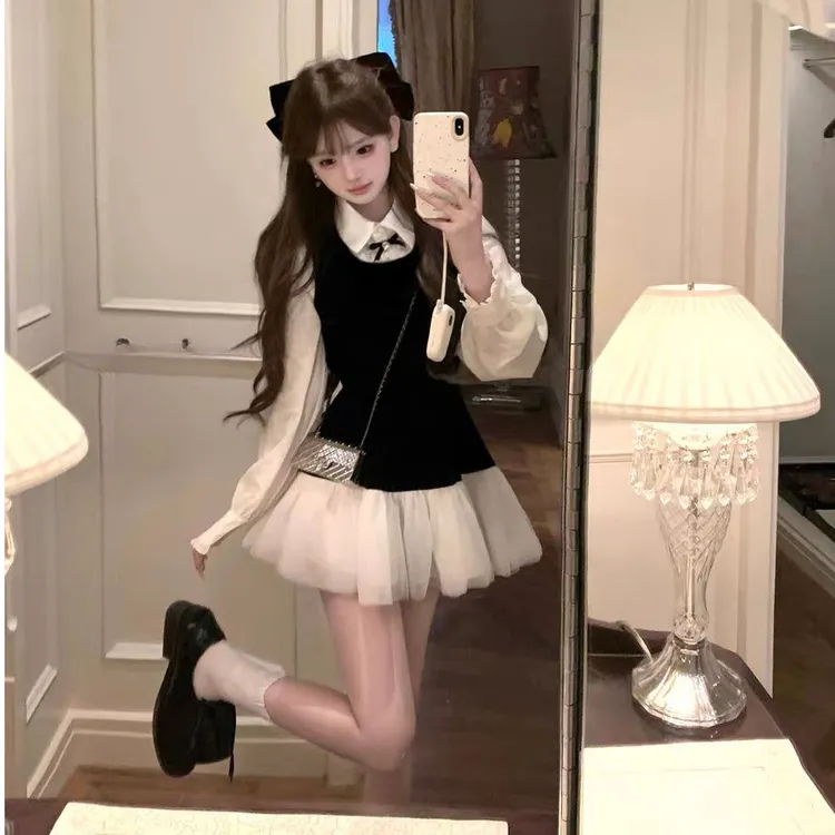 韩女穿搭小香风气质小众时尚拼纱无袖背心裙显瘦百搭蝴蝶结衬衫