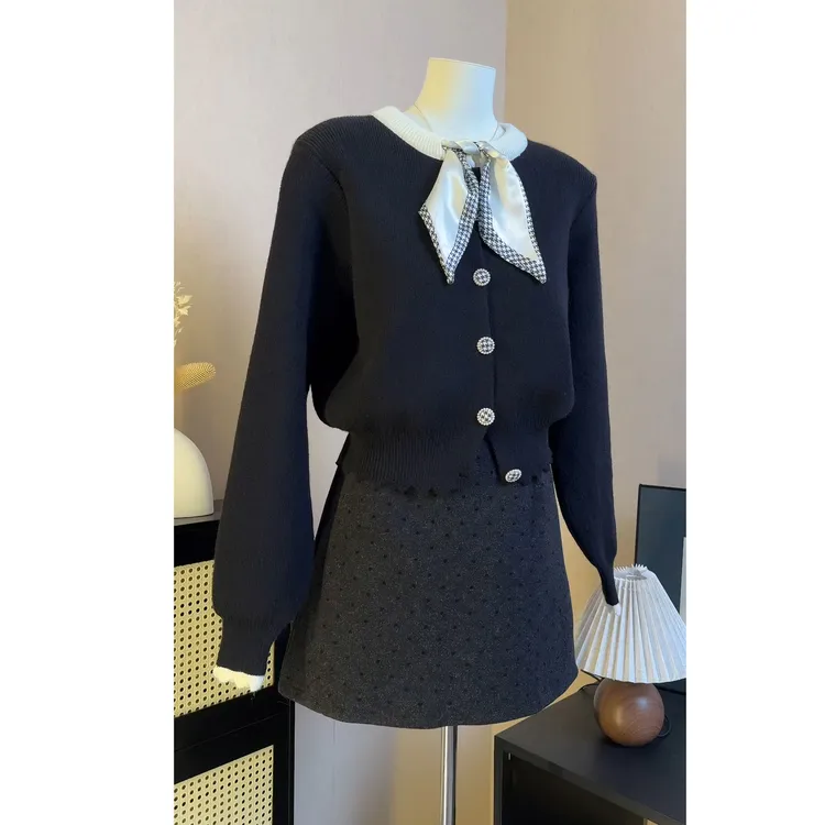 高级感小香风蝴蝶结针织衫毛衣外套秋冬新款上衣显瘦高腰半身裙