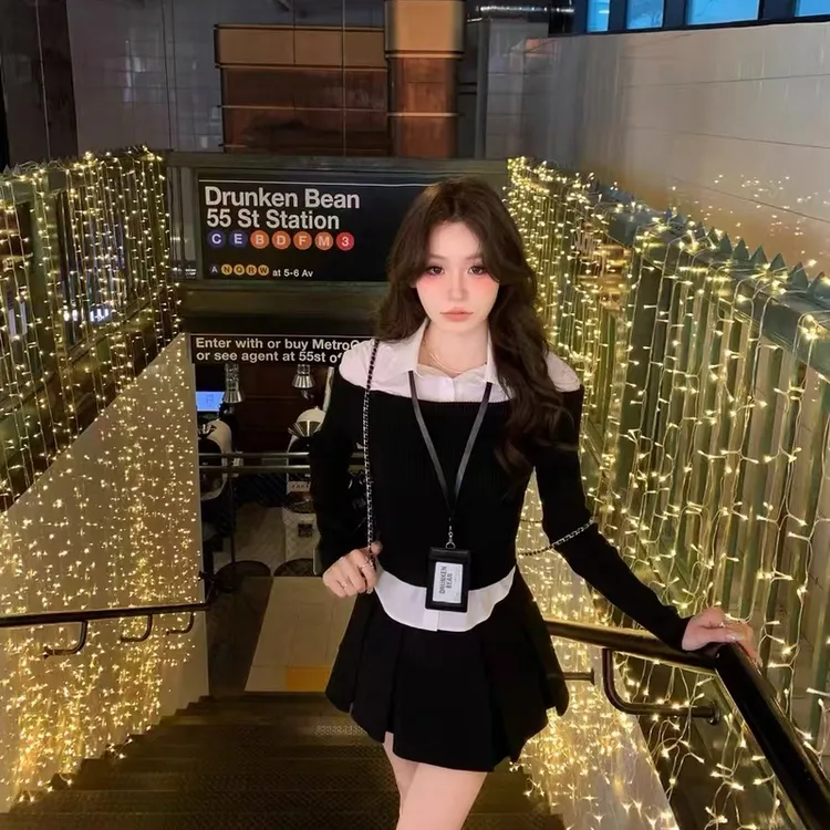 2024秋冬新款时尚半身裙气质显瘦短款名媛百褶拼接休闲百搭短裙女