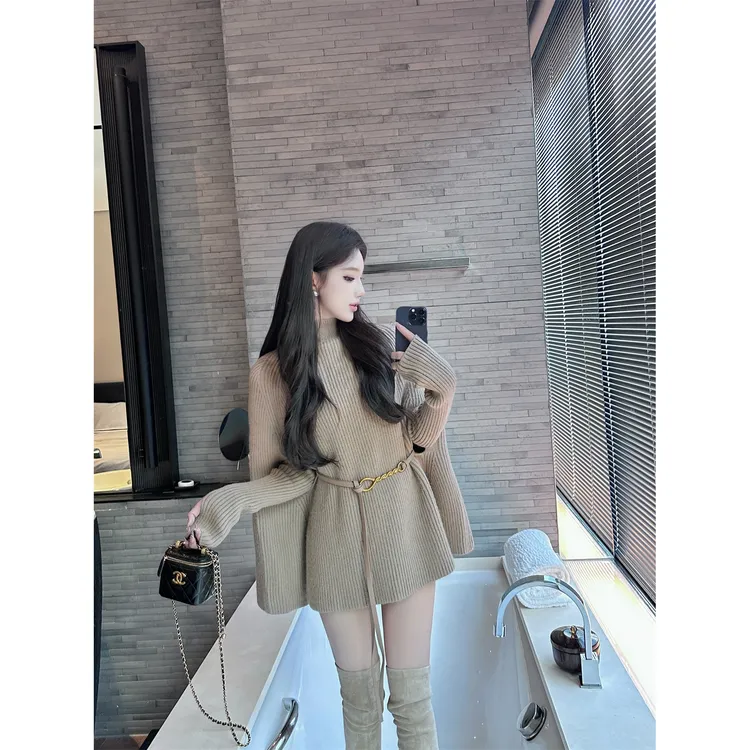 【云烟玉兰】韩系气质女神2024秋季新款高领毛衣斗篷针织上衣送腰链