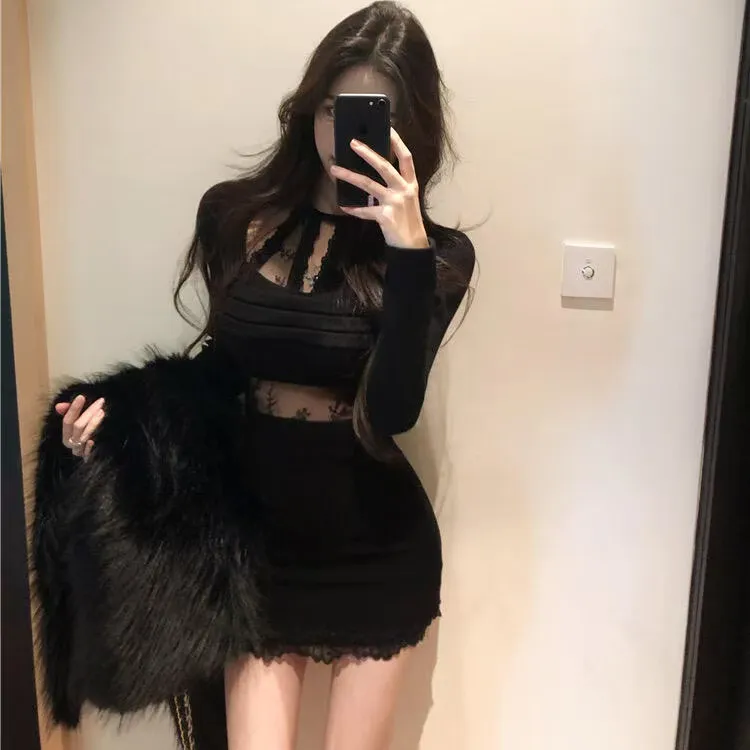 法式气质纯欲风长袖针织连衣裙秋冬蕾丝拼接收腰包臀短裙打底裙